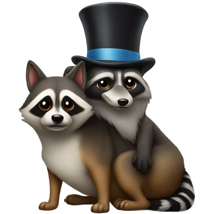 Dog on the back of a raccoon wearing a top hat emoji