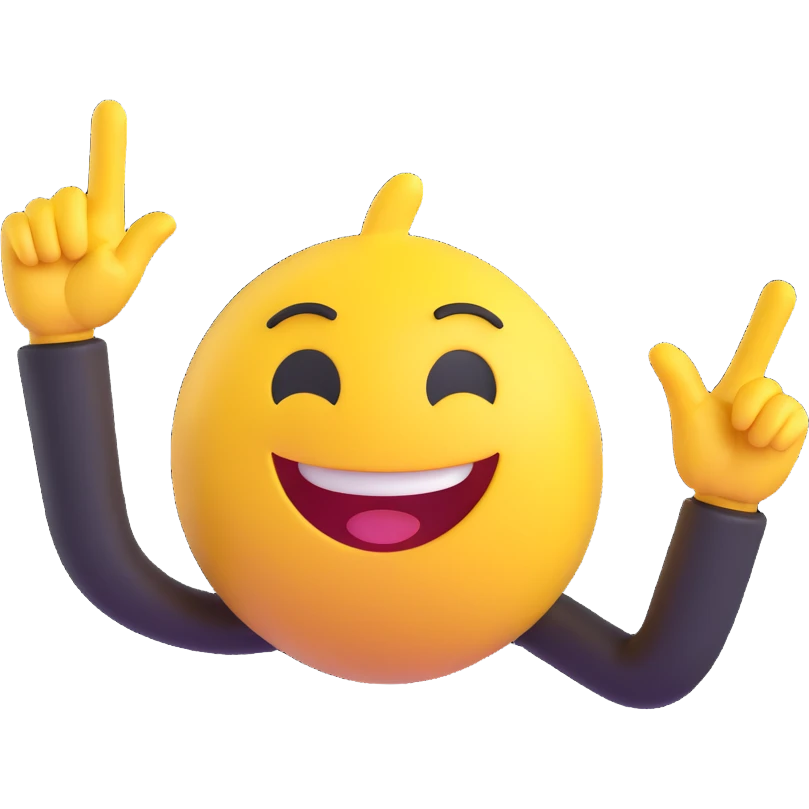 A 2D cartoon-style yellow emoji with a mischievous smile, shaped eyes, and both hands pointing upward with index fingers.  clean digital style, and a fun, dancing expression. Style similar to children’s drawing tutorials, dancing expression. No background, isolated on white.  emoji