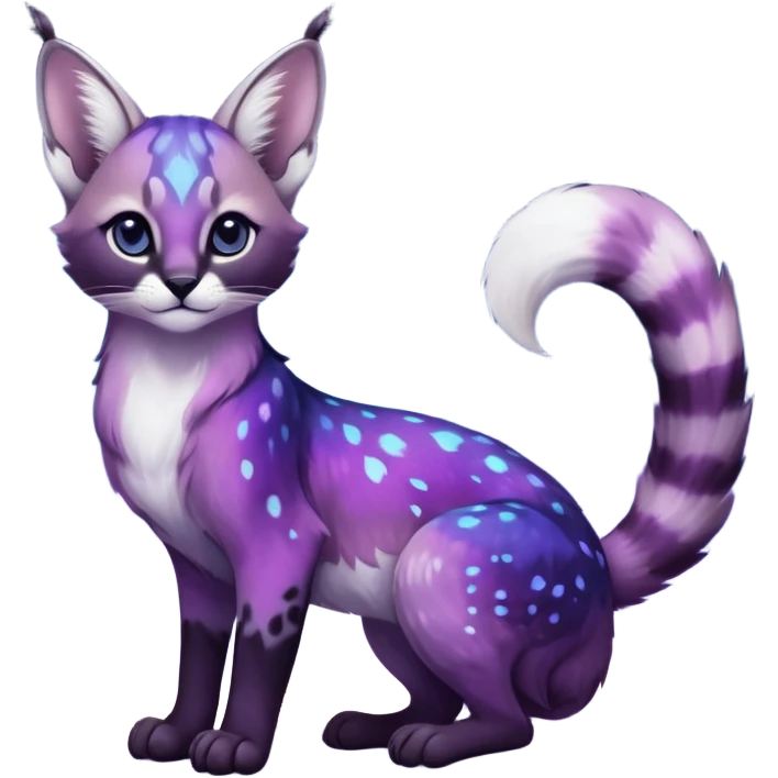 Colorful black-violet-indigo-purple-gradients nebulae nebula starry galactical shiny white-stars-spotted glorious iridescent divine exotic cute cool beautiful realistic caracal-civet-genet-sergal-vernid-Cacomistle-Trico-oncilla-animal-Fakémon-hybrid-fursona (full body) emoji