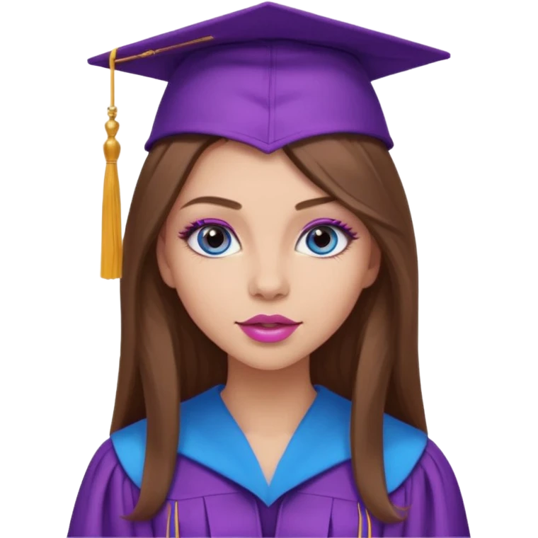 girl with gorgeous long brown hair, blue eyes, long lashes makeup, sexy pink lips, wearing a purple graduation cap and gown emoji