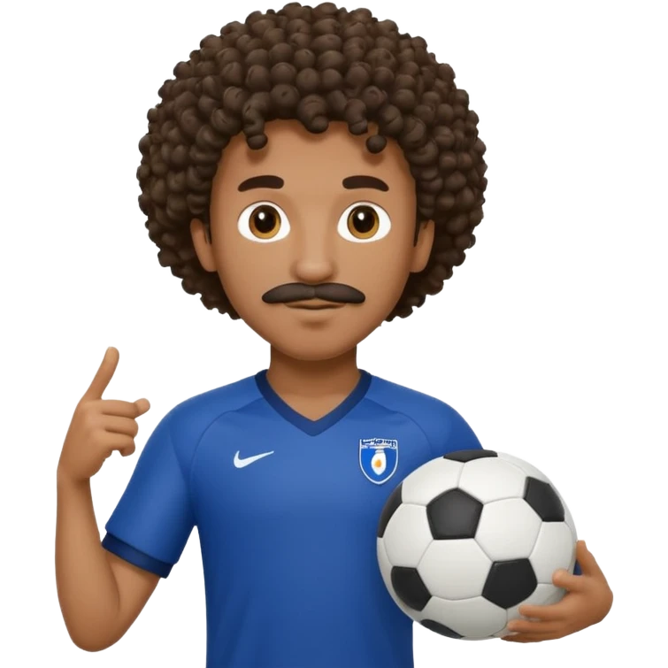 curly hair black man soccer player dark blue jersey with mustache holding soccer ball emoji