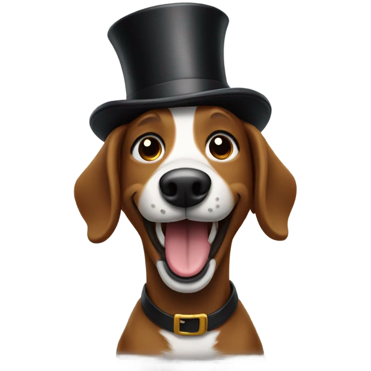 Brown dog wearing a top hat and laughing emoji