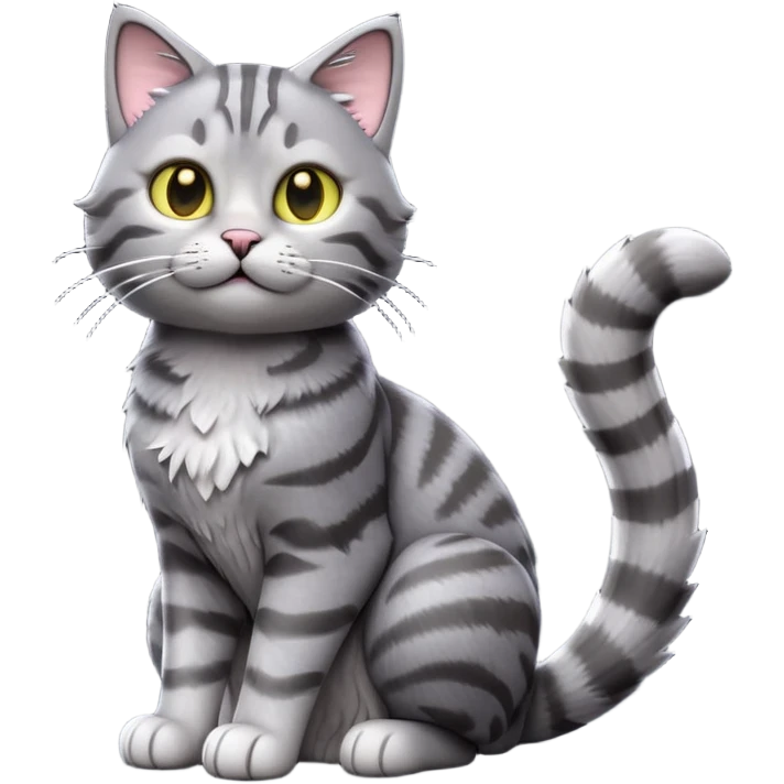 cinematic-[grey tabby cat]-realistic-full-body-sitting-emoji,-tail-curled-playfully-around-its-paws,-head-tilted-dramatically,-scruffy-[grey]-fur,-simplified-yet-realistic-focused-features,-highly-detailed,-glowing-with-an-almost-sarcastic-glow emoji