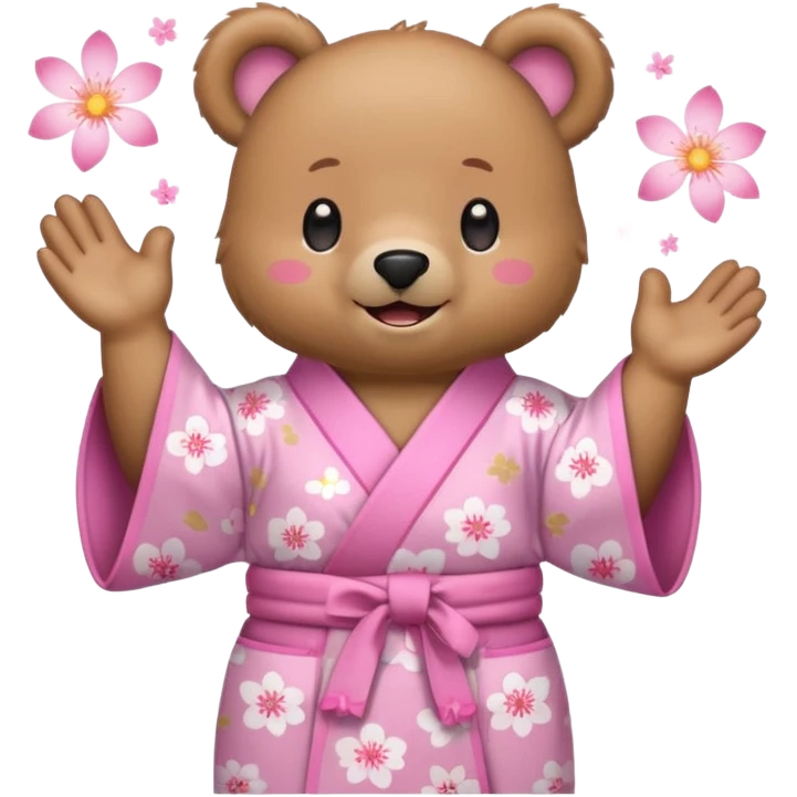 A cute light-brown bear wearing a pastel pink sakura-patterned kimono, normal balanced body ratio.  
Clapping hands cheerfully with a big bright smile and small spark effects around.  
Kawaii emoji style, minimalistic clean sticker illustration, white background.
 emoji