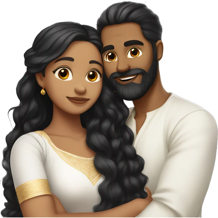 Light skin;Black long hair girl  in a white saree hugging with a man with black beard and hair on top emoji