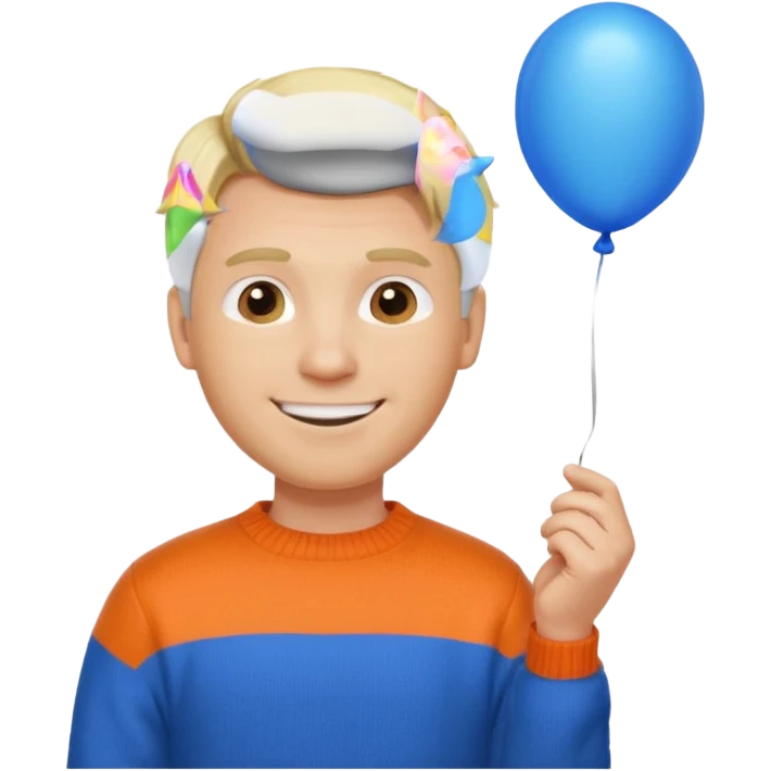 white skin, blonde hair man, orange sweater, hold blue balloon emoji