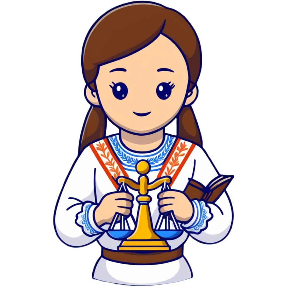 Ukrainian girl with brown hair wearing a traditional embroidered vyshyvanka shirt, holding scales of justice in her hand emoji