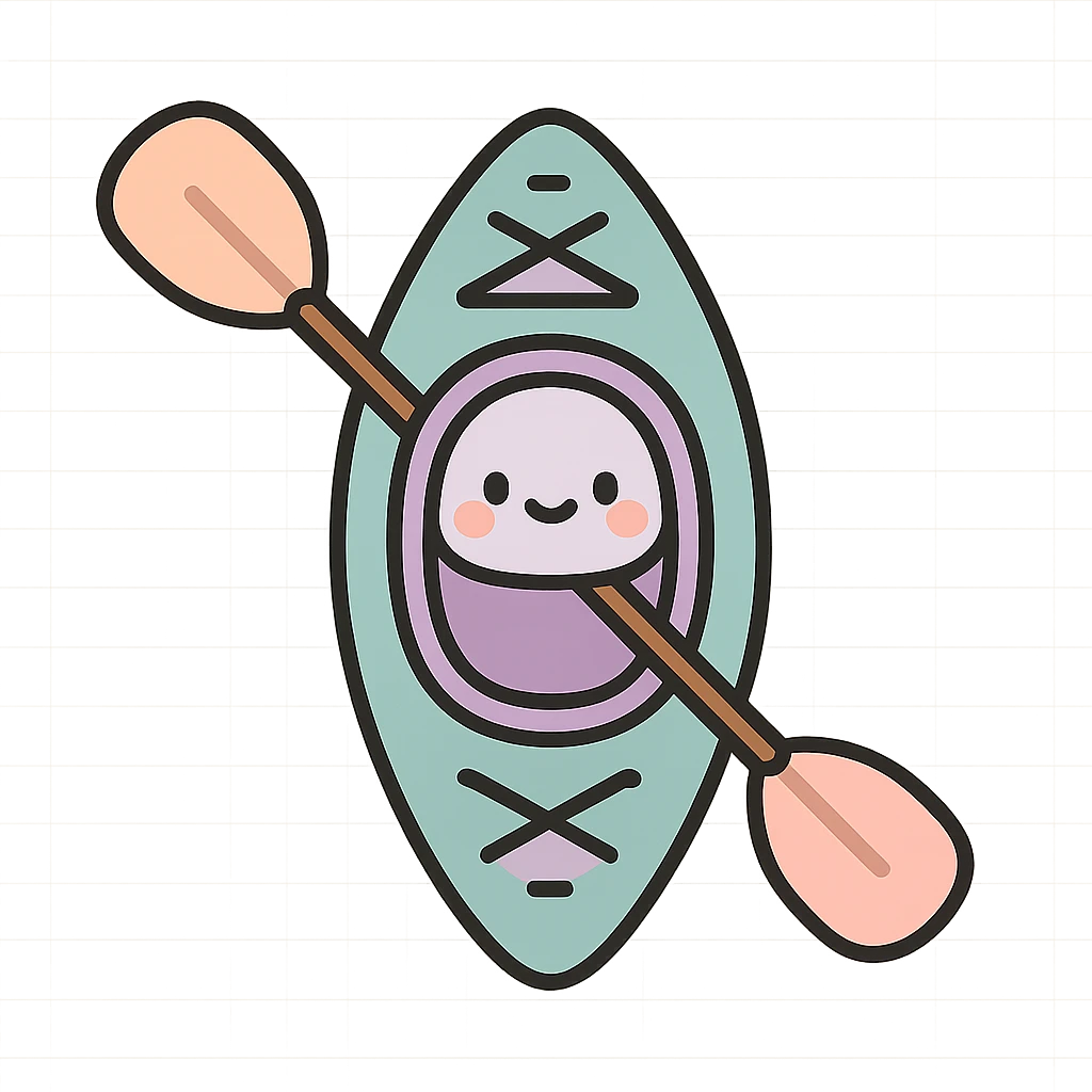 cute rowing kayak with paddle, top view, detailed shading, thin clean outlines, soft rounded features, pastel palette #98B5BC #B5B3C1 #C9A3C9 #E4C0CA #F7DCD1 #F7C0AA, Japanese pop art, sticker look, highly detailed, vector clarity, soft lighting, subtle shadows, transparent background emoji