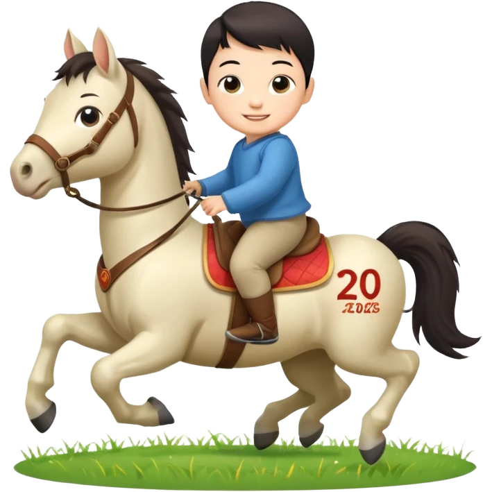 l little chinese baby riding on a  cute horse running on the grass with 2026 year label emoji