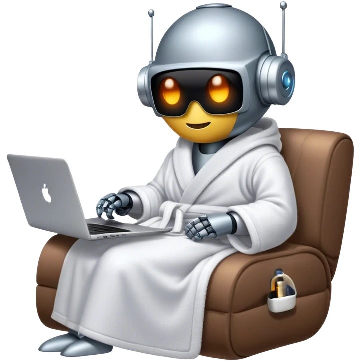 An emoji of a remote-working robot, sitting comfortably with coffee and laptop wrapped in a cozy bathrobe. The robot's head resembles a sleek, futuristic helmet with a smooth, reflective surface. Its eyes are not human-like but rather glowing digital slits or circular LED indicators. emoji