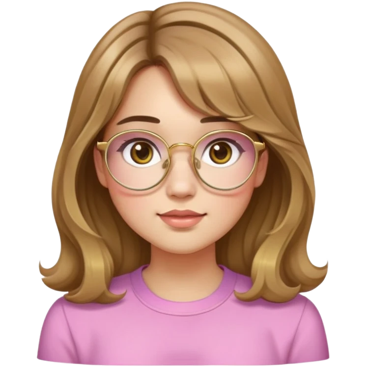 young adult woman with light skin, round face, prominent cheeks, medium plump body, long light brown hair with golden highlights, voluminous and wavy, long bangs over eyebrows, large octagonal glasses with thin golden or light pink frame, casual dark shirt emoji
