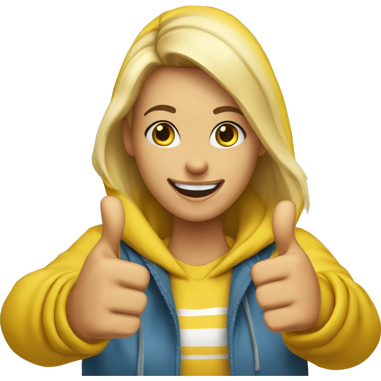 A 30-year-old blonde woman in a yellow hoodie smiles and shows a ‘Thumbs Up’ sign with her hand  emoji