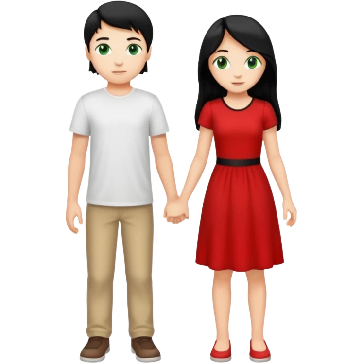 full-length couple, girl with long black hair and green eyes in red dress, boy with blonde hair in white t-shirt emoji