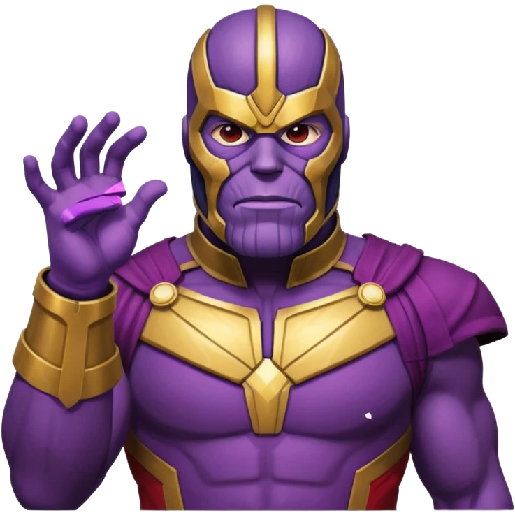 Thanos in Squid Game guard outfit emoji style, purple skin, strong jaw, Infinity Gauntlet, red jumpsuit, black mask with triangle, minimal, bold lines, bright, playful emoji