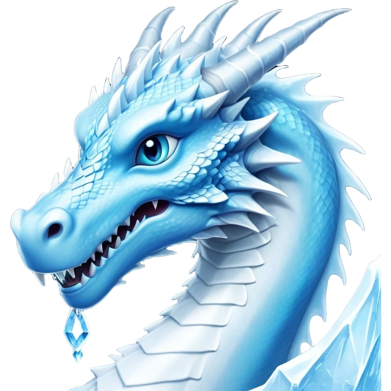 Cinematic Noble elegant Ice Dragon Portrait Emoji, Poised and imposing, distinct long elegant snout, with a slender, scaled body shimmering in glacial hues of icy blue, frostbitten silver, and crystalline white, breathing out frost, with piercing, glowing ice blue white eyes that radiate the chilling depths of an arctic storm; rendered in detail. Breathing out a frost mist emoji