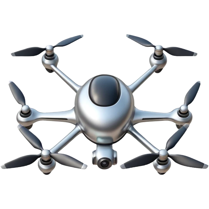 A futuristic drone emoji made of polished silver chrome, smooth rounded body, minimal propellers, reflective metallic surface, soft studio lighting, iOS emoji style, centered, clean white background emoji