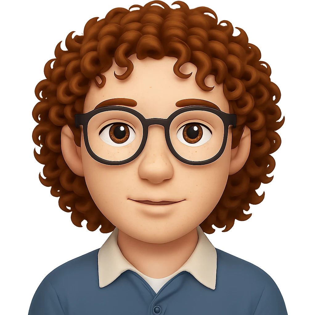 Add glasses to the freckled man with curly hair in emoji style, no background. emoji
