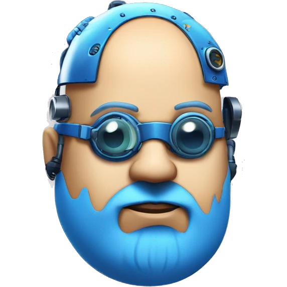 Fat bald cyborg head with tan skin, blue beard, blue steampunk goggles and circuits emoji