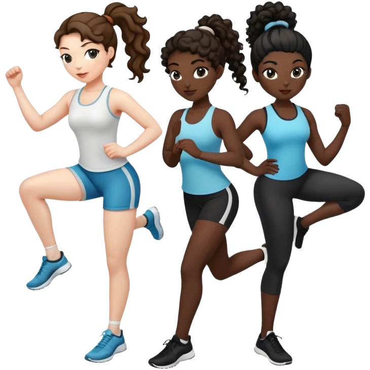 3 women exercising. The woman on the left has pale white skin and curly brown hair in a ponytail. The woman in the middle has black skin and curly black hair. The woman on the right has pale white skin and straight, brown hair in a ponytail. emoji