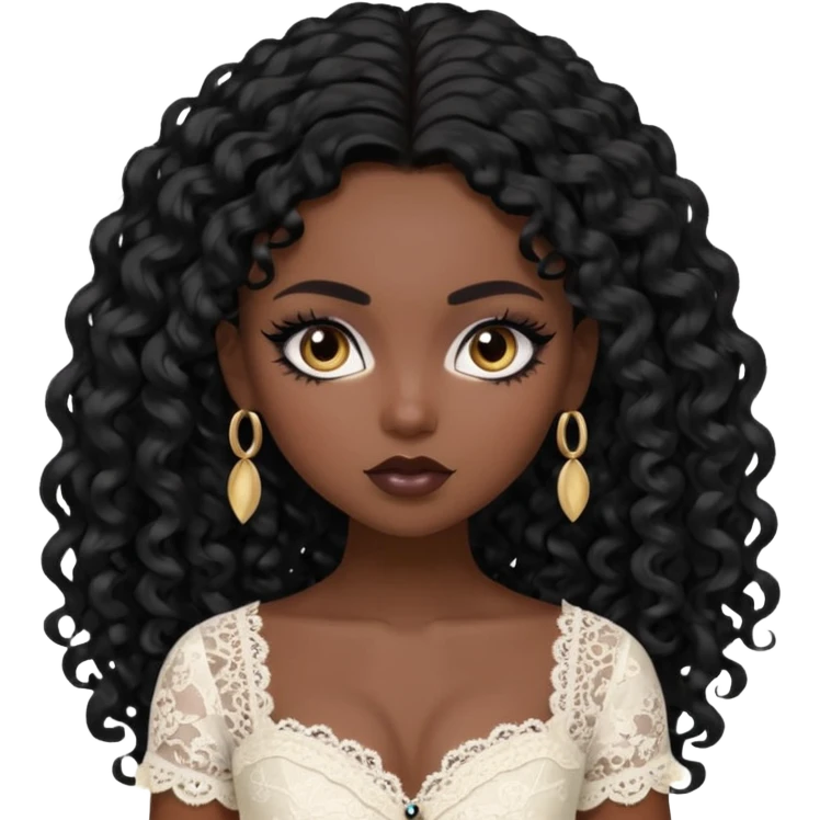 black skin, pretty, BLACK long curly black hair, pale skin, eyeliner, lace clothes, brown eyes bratz baddie emoji