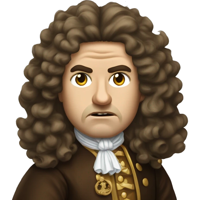 "An emoji of Louis XIV with long curly hair and royal attire, looking angry. He has furrowed brows, narrowed eyes, and a tense frown, showing his royal frustration." emoji