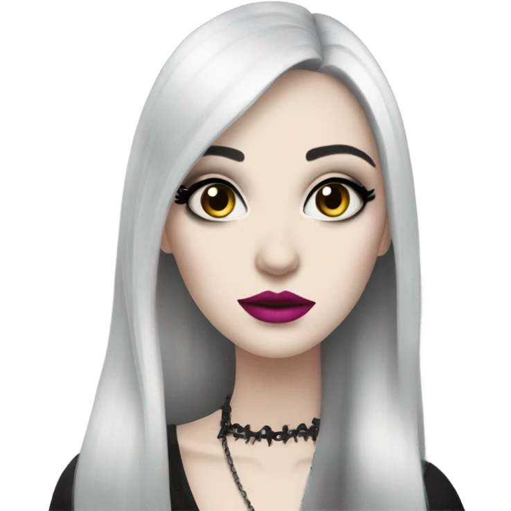 Very pale woman with long dark hair and gothic makeup and medium pink lips  emoji