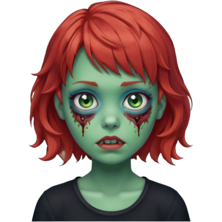 Zombie girl emoji with short red hair and bangs. Blue eyes, green skin, and a black top Her hair is slightly wavy emoji