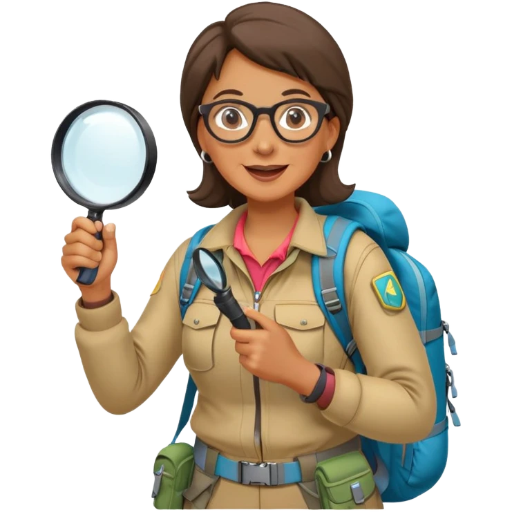 Middle-aged woman explorer with glasses in bright hiking gear and backpack, excitedly holding magnifying glass emoji