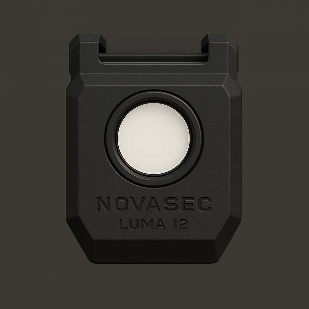 3D-rendered orthographic front view of the NOVASEC LUMA 12 underbarrel firearm attachment: compact, single-piece black matte module, elongated rectangular shape with beveled edges, centered flush-mounted circular white LED flashlight, minimal tactical design, subtle NOVASEC branding, dark neutral background, soft lighting, no perspective or tilt, technical reference style emoji