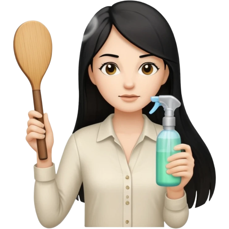 A white woman with long, straight black hair, wearing an ivory-colored shirt, holding a wooden paddle hairbrush in her left hand and spraying a hair mist bottle with her right hand toward her hair. emoji
