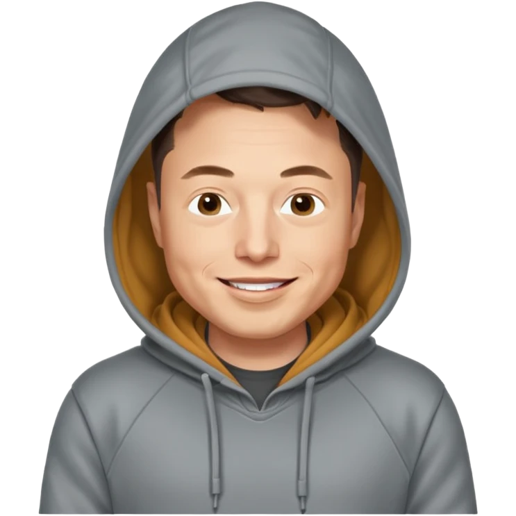 elon musk in gray hoodie full height, wear hoodie hat, happy emoji