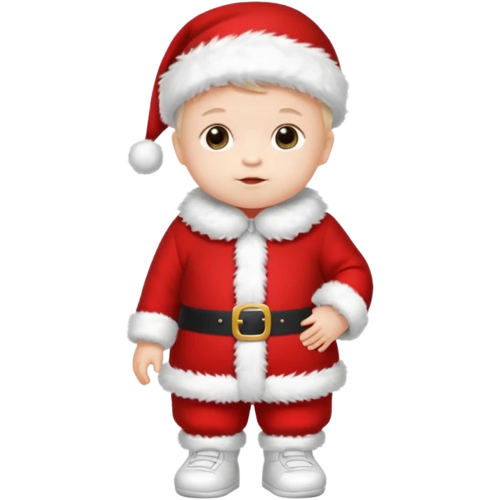 a standing baby wearing santa clothes and cute fluffy shoes emoji