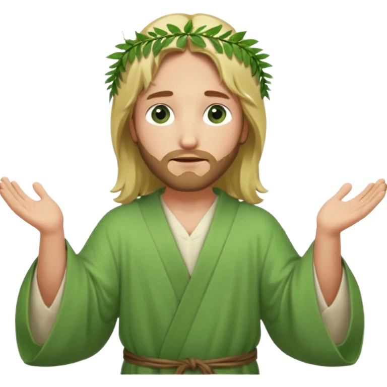 Jesus, green eyes, blonde hair, light green robe. opening arms, gazing thoughtfully. Soft light, subtle fern. Waist-up, profile. emoji