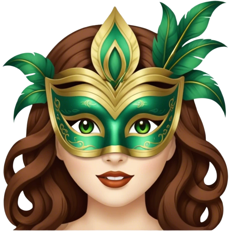 Greeneyed Woman blinking with Long Brown hair venetian mask emoji