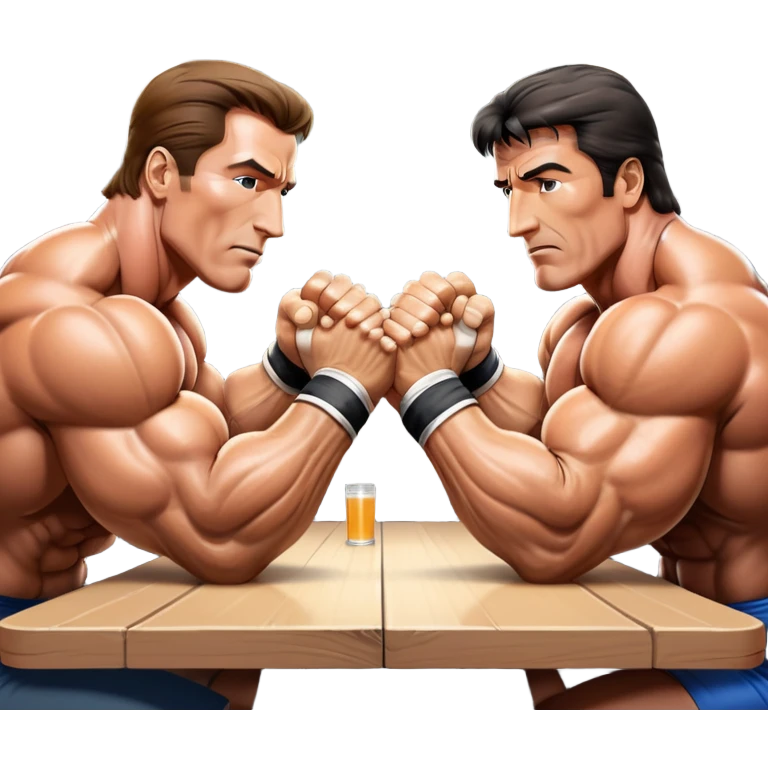 Arnold Schwarzenegger VS Sylvester Stallone from 'Over the Top,' locked in an arm wrestling battle, using only their right hands. Their left hands rest on the table. Both display immense strength, with muscular arms flexing, under bright competition lights. Transparent background. emoji