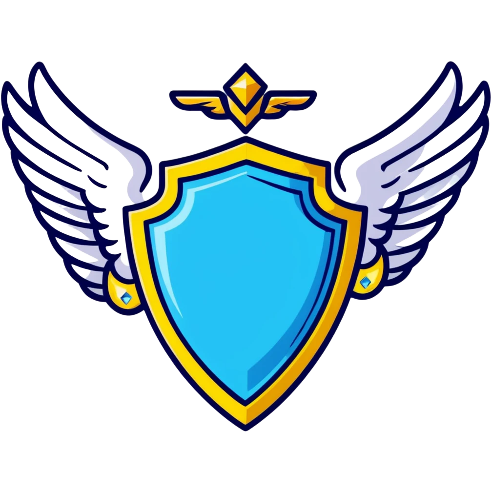 Premium shield badge with angel wings and a big shiny blue diamond in the center with VIP text emoji