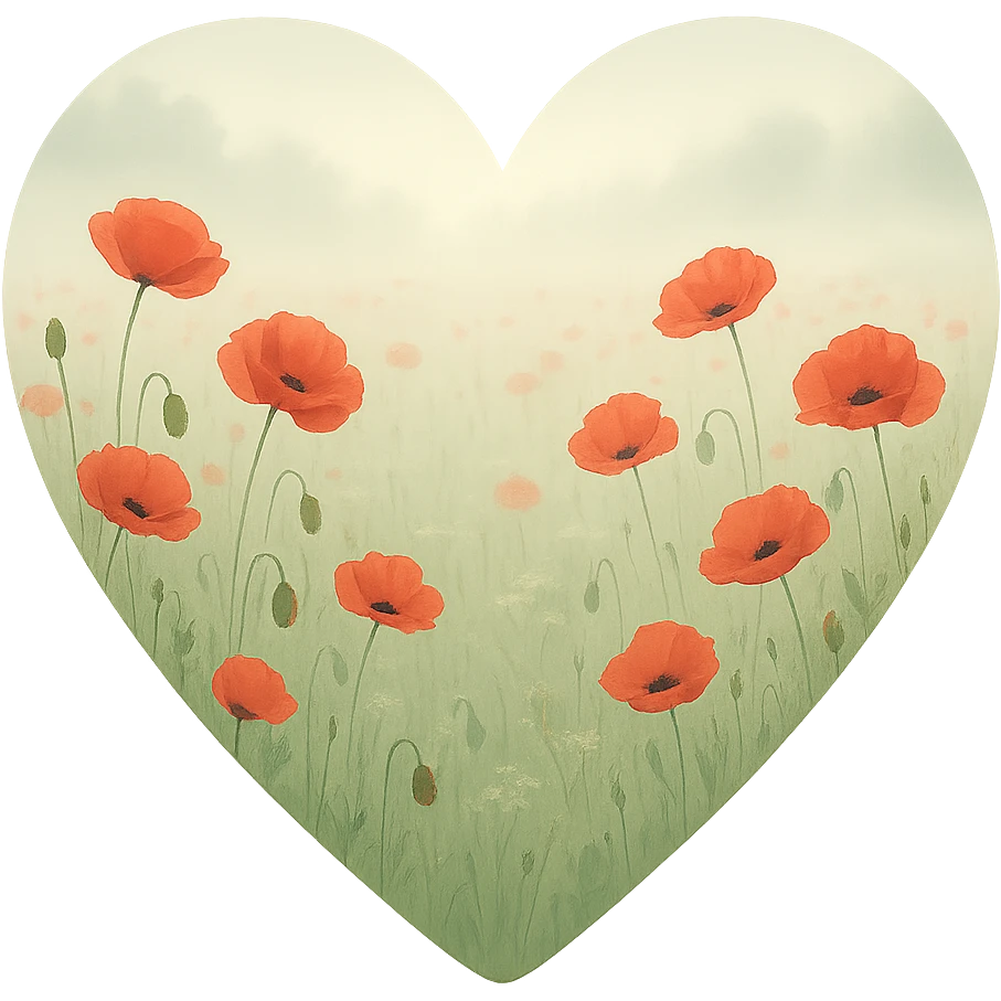 heart with a misty morning poppy field, clean digital illustration, no background emoji