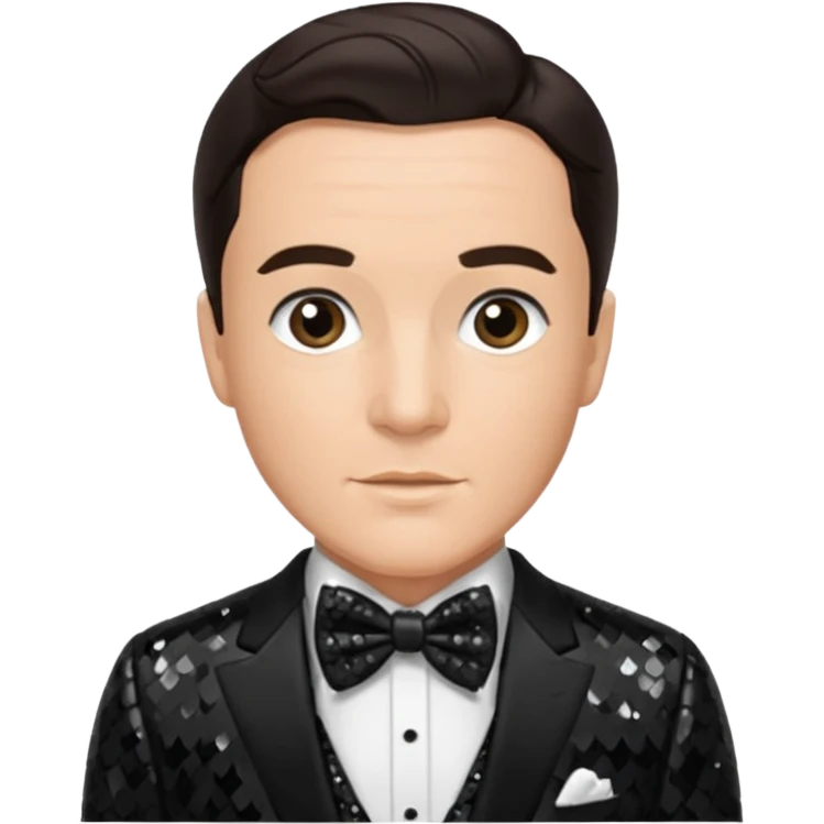 Gene Kelly with dark brown hair, black sequin suit with bow tie emoji
