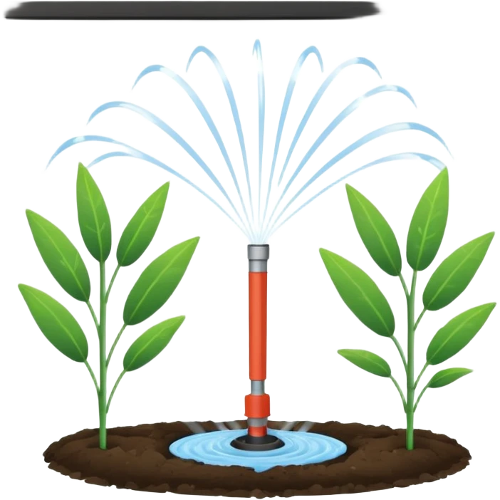 Garden tools, dancing joyfully around a sprinkler celebrating automation emoji