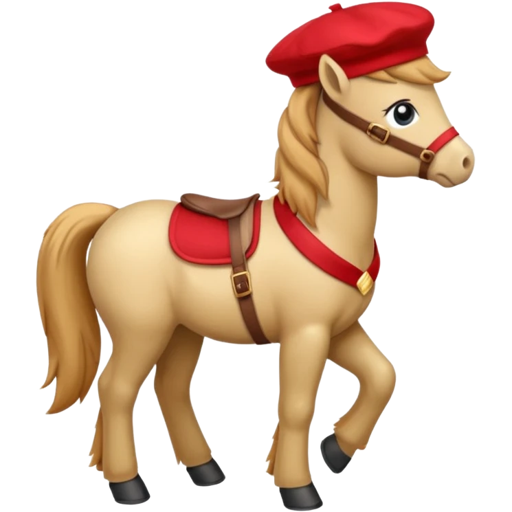 A cute pony (horse) emoji, full body, standing in side view, wearing a stylish red beret. emoji