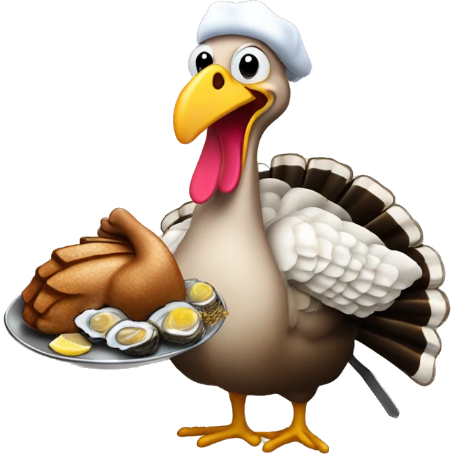 Turkey holding slice of dark, black toasted bread with pan of oysters, fire emoji