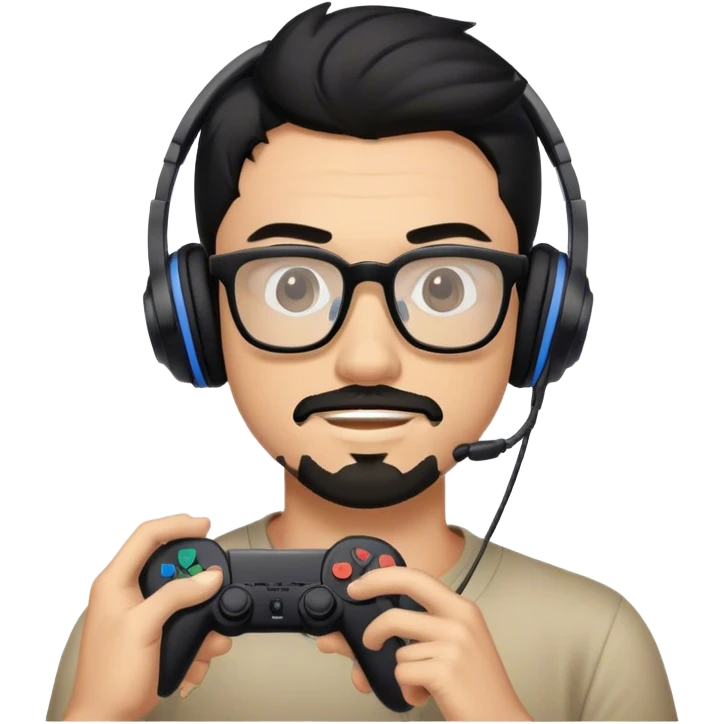 Muchacho guapo con cabello negro con lentes con barba de candado con audífonos jugando playstation  emoji