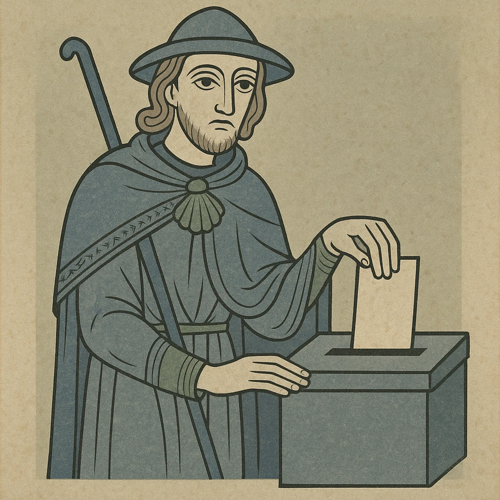 medieval pilgrim dropping a ballot in a box, stylized illustration emoji