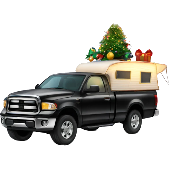 Black 4 door pickup truck with a camper attached with Christmas lights and decorations emoji