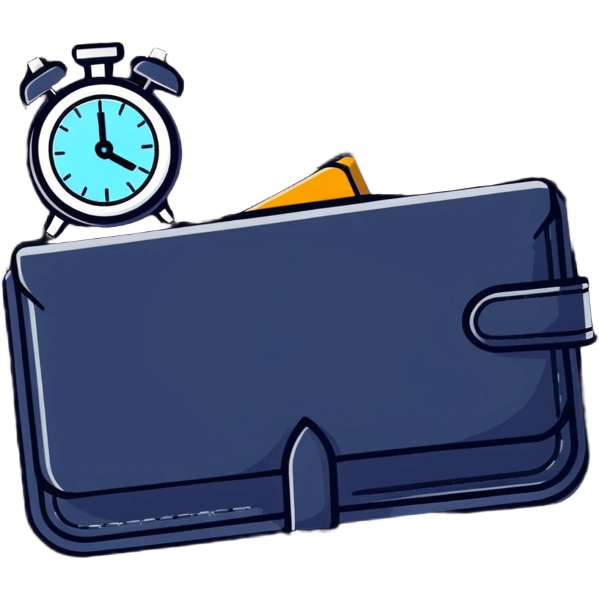 wallet with a zooming clock with motion blur in top right corner, clock with speed streaks, speedometer-style clock showing fast service emoji