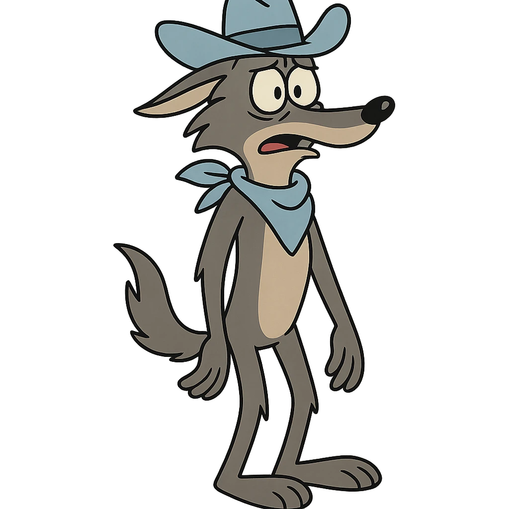 grey coyote with a light blue cowboy hat and neckerchief, standing, flat toon style emoji