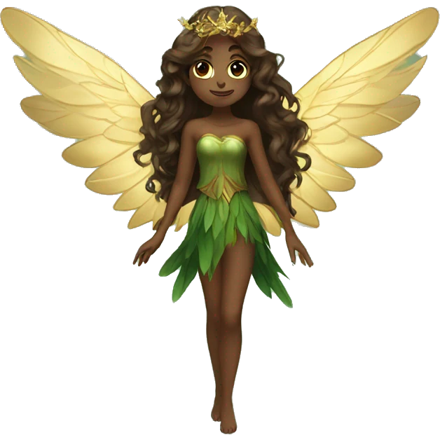 big wings, Beautiful, fairy, gold, brown, dark green, green, long hair emoji