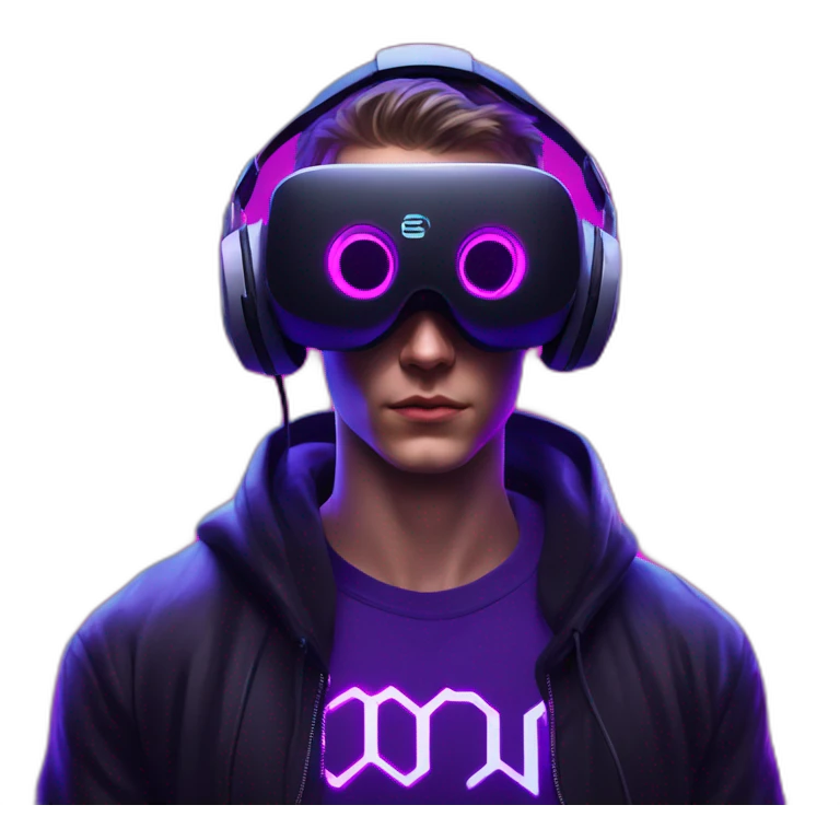 Russian young man wearing a black hoodie with "OMG" letters on it and VR headset in a cyberpunk VR environment with violet neon lighting. emoji