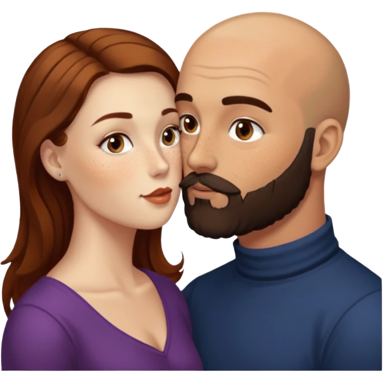 Couple. Bald man with dark brown-black beard. White woman with many small, faded freckles, she has white skin and she has auburn-brown-cinnamon, dark long hair. She has light brown eyes. The man have hazel eyes. She have light eyes. Retro style. She kisses him. Dark akademia. emoji