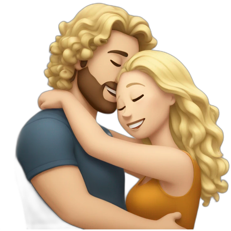 White Man with long dark curly hair hugging a blonde curvy woman emoji